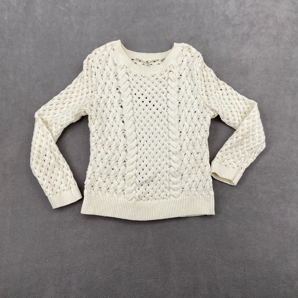 Knitted & Knotted Sweater Womens Small Beige Cotton Open‎ Knit Ribbed Round Neck
